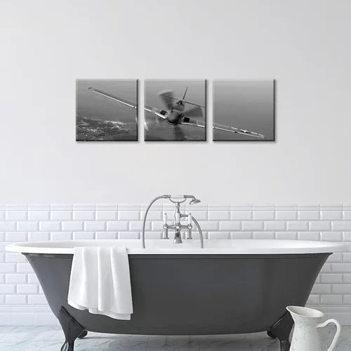Vista 6 de 3 piezas de arte de pared en lienzo en blanco y negro vintage de la Segunda Guerra Mundial, aviones de combate militares, impresiones de fotografía