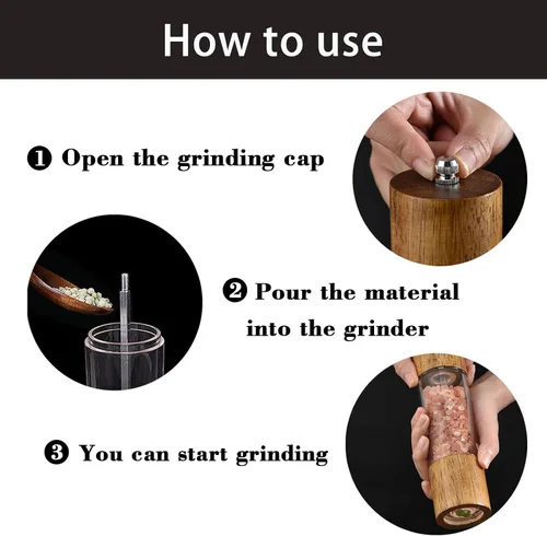 Vista 3 de Molinillo de sal y pimienta de acrílico y madera, 2 unidades, molinillo ajustable 2-pack, Wooden Pepper Grinder, Durable Ceramic Grinder