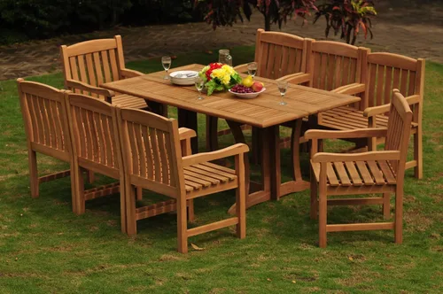 Vista 3 de Juego de comedor de 9 piezas de madera de teca grado A de 8 plazas: 69 "Warwick Conole mesa rectangular de comedor plegable y 8 sillas Devon
