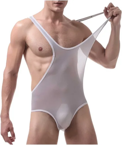 Vista 6 de Lencería para hombre para sexo travieso hielo sedoso malla transparente tirantes espalda cruzada semi transparente cuello en U profundo body bodywear