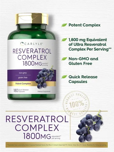 Vista 8 de Carlyle Suplemento de resveratrol 1800 mg 180 cápsulas Sin OMG y sin gluten Complejo potente