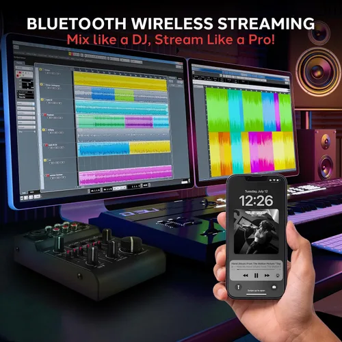 Vista 3 de Pyle Mezclador de audio Bluetooth de 3 canales - Controlador de sonido DJ e interfaz de tarjeta de sonido USB para grabación de PC, entrada XLR