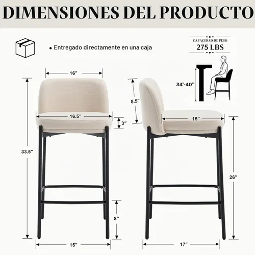 Vista 2 de Juego de 2 taburetes de bar de altura de mostrador de 26 pulgadas Beige