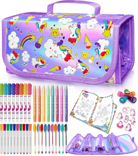 Vista 11 de weirtoya 56 marcadores perfumados lavables con estuche con purpurina, arte y manualidades de unicornio de sirena para niños de 4 a 8 años, kits