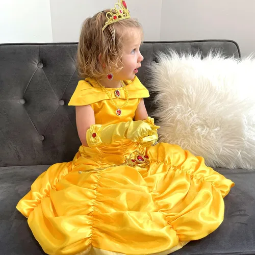 Vista 3 de Vestidos de princesa para niñas, disfraces de Halloween, cosplay, cumpleaños, color amarillo