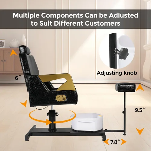Vista 4 de Silla de pedicura con taburete y baño de pies de masaje, estación de pedicura giratoria de 360°, altura ajustable hidráulica, sin fontanería