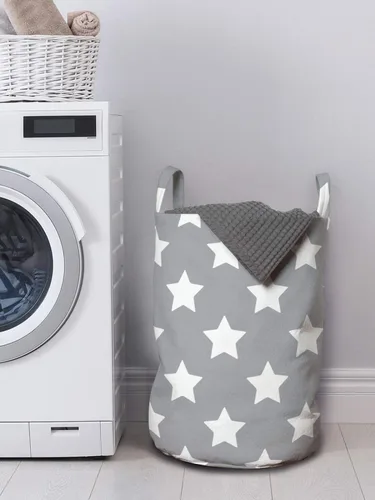 Vista 2 de Ambesonne Bolsa de lavandería con diseño de estrellas grandes, monocromática, diseño moderno con temática de noche estrellada, cesta con asas