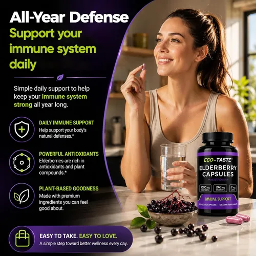 Vista 4 de ECO-TASTE Cápsulas de saúco con zinc y vitamina C, 120 cápsulas, bayas de saúco Sambucus para apoyo inmunológico, salud de la piel, cápsulas