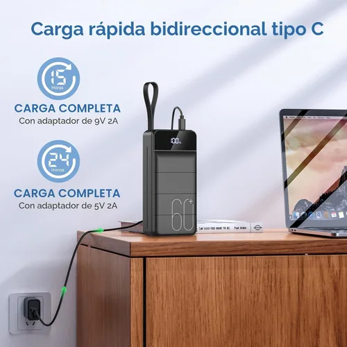 Vista 3 de Cargador portátil de 60000 mAh, carga rápida, 22.5 W, PD4.0 y QC 4.0 con cargador de batería USB C, cargador portátil de alta capacidad, cargador