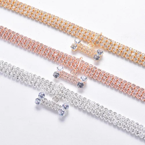 Vista 3 de Collar para perros, collar de gato, bonito y moderno con cristales brillantes de hueso, 3 filas de diamantes de imitación para mascotas, joya