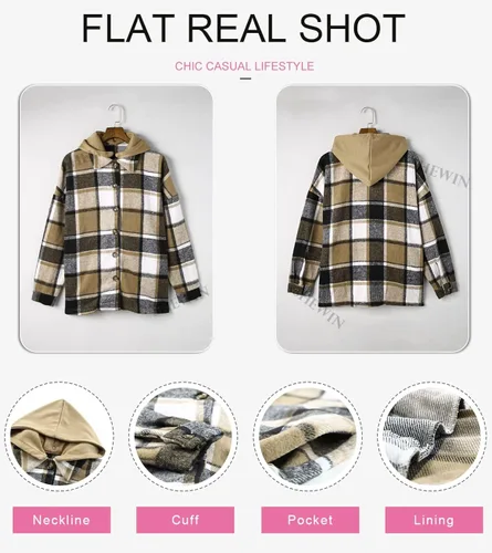 Vista 5 de SHEWIN Camisas de manga larga con botones para mujer, de franela, con capucha, abrigos con capucha