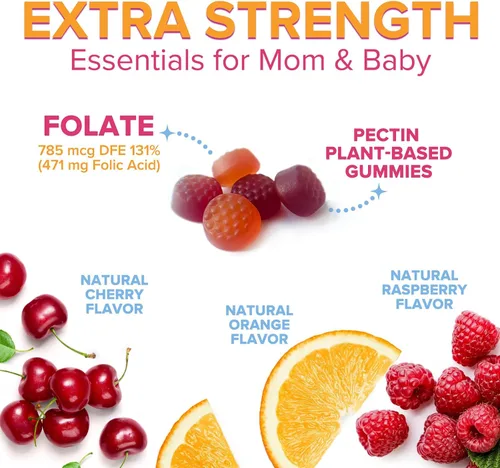 Vista 3 de Gomitas de ácido fólico para mujeres, folato de 785 mcg por porción, vitaminas prenatales esenciales para mamá y bebé, suplemento fólico vegano
