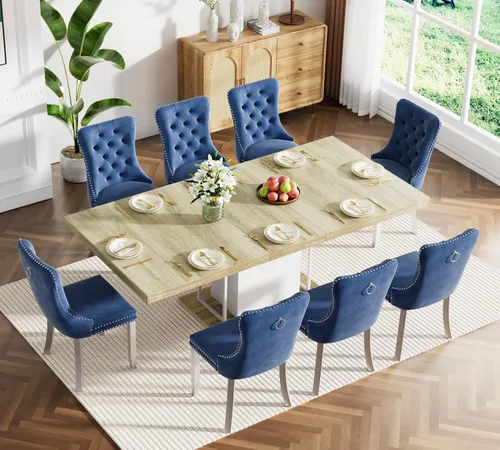Vista 23 de Juego de mesa de comedor extensible marrón de 63 a 78.74 pulgadas para 4, juego de mesa de comedor de 5 piezas con 4 sillas, mesa de cocina