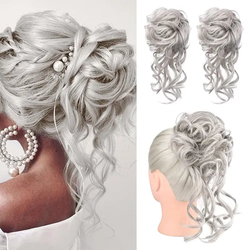 Vista 35 de HOOJIH 2 piezas de extensiones de cabello estilo moño despeinado, extensiones de cabello rizado y ondulado con tiras, cola de caballo, horquillas