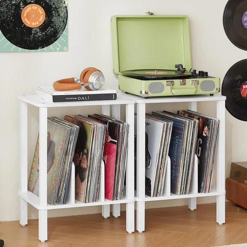 Vista 13 de LELELINKY Soporte para tocadiscos de 2 niveles con almacenamiento de discos de vinilo hasta 100 álbumes, soporte para discos de dormitorio y mesa