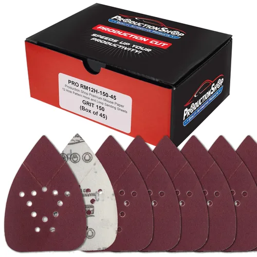 Vista 13 de ProductionShop Hojas de papel de lija premium para lijadora de detalle con patrón de ratón de 12 agujeros, paquete variado de 50 discos, granos 40