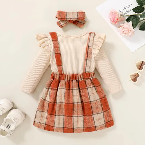 Vista 2 de YOUNGER STAR Conjunto de 3 piezas para niñas pequeñas, conjunto de mameluco floral + falda con correa