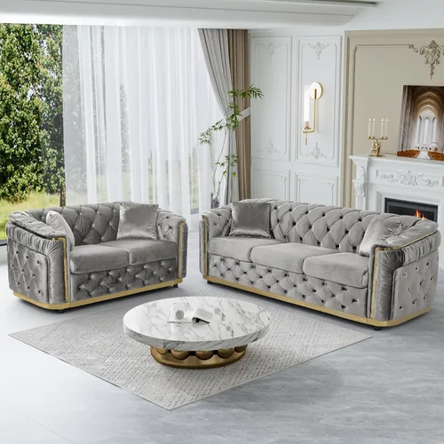 Vista 15 de Sofá Chesterfield de terciopelo de 62.5 pulgadas con respaldo copetudo y detalles dorados, beige Blanco