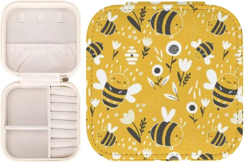 Vista 2 de Caja de almacenamiento de joyería infantil de miel de abeja para niñas, organizador pequeño, estuche de joyería portátil de viaje de cuero