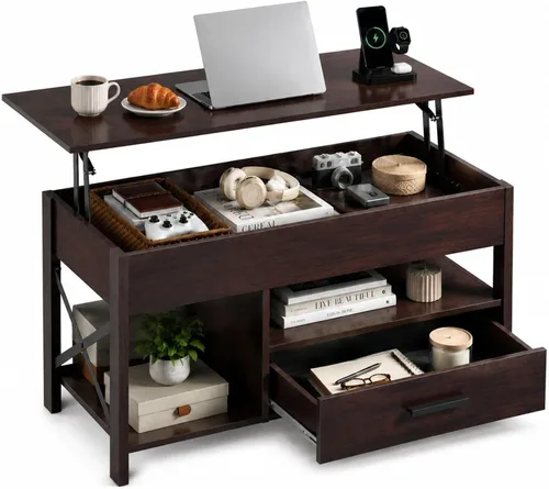 Vista 10 de WLIVE Mesa de Centro, Mesa de Centro Elevable de 39 pulgadas con Compartimento Oculto, Cajones de Almacenamiento y Estante de Almacenamiento