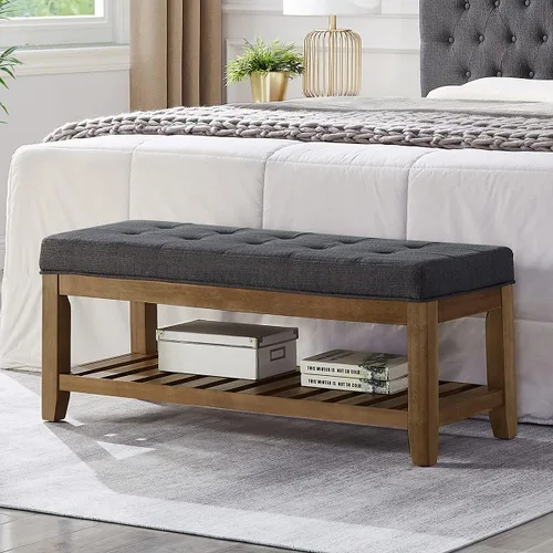Vista 11 de 24KF Banco Otomano Grande Rectangular Tapizado con Capitoné de Tela de Lino, Banco Acolchado con Estante de Madera Maciza - Granito Banco de granito