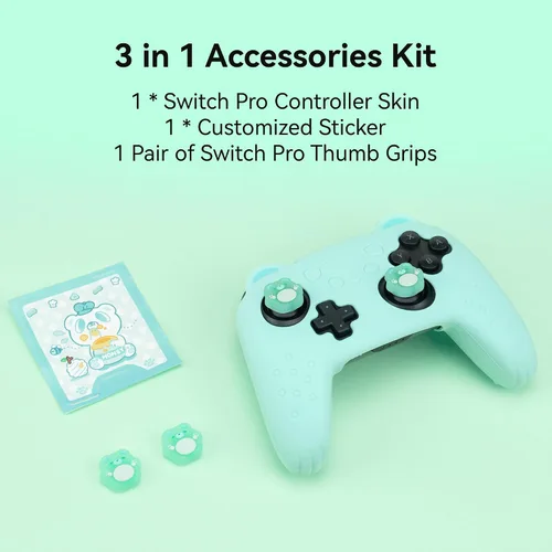 Vista 6 de GeekShare Funda protectora de silicona antideslizante para Nintendo Switch Pro Controller con 2 tapas de agarre para pulgar y 1 pegatina, color cian