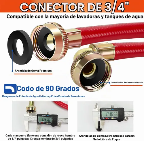 Vista 2 de 6 pies de mangueras premium de acero inoxidable para lavadora con codo de 90 grados, sin plomo, a prueba de explosiones, conexión NPT de 3/4