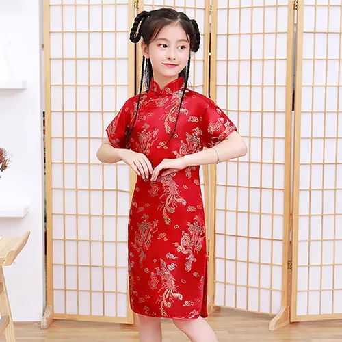 Vista 3 de Qwent Vestido chino de las muchachas de los niños de manga corta levantarse cuello plateado hebilla chino cheongsam vestido chino para las niñas