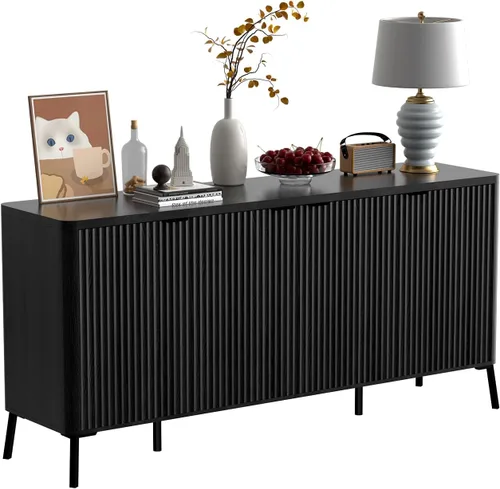 Vista 8 de Armario buffet, aparador grande de 63 pulgadas con almacenamiento, aparador moderno acanalado con 4 puertas, gabinete de almacenamiento de madera