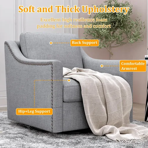 Vista 6 de Olela Silla giratoria para sala de estar, dormitorio, sillón de gran tamaño, moderno barril redondo con brazo en línea de tela (gris)
