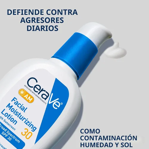 Vista 2 de CeraVe AM Loción hidratante facial con SPF 30, hidratante facial sin aceite con SPF, formulado con ácido hialurónico, niacinamida y ceramidas,