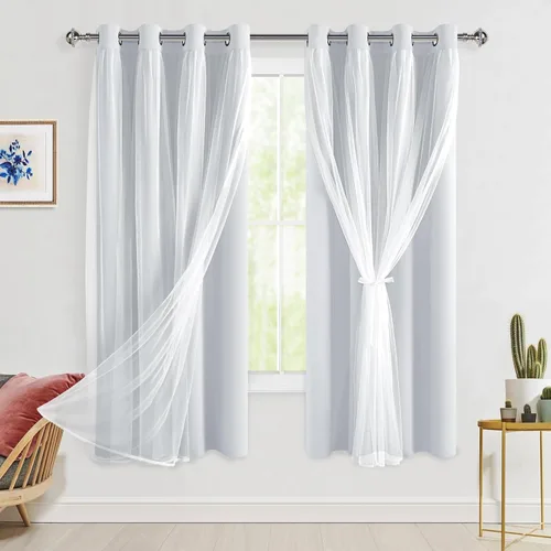 Vista 27 de Hiasan Cortinas opacas con superposición transparente, aislamiento térmico para mezclar y combinar de doble capa, cortinas de oscurecimiento de Beige