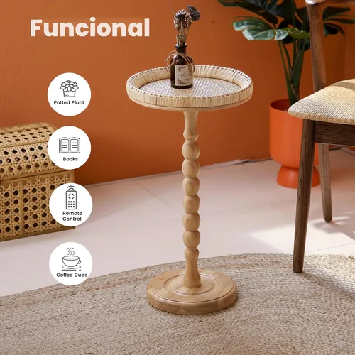 Vista 7 de Mesa auxiliar redonda de ratán pequeña para espacios pequeños, mesa auxiliar circular bohemia con patas de madera maciza para sala de estar, mesa