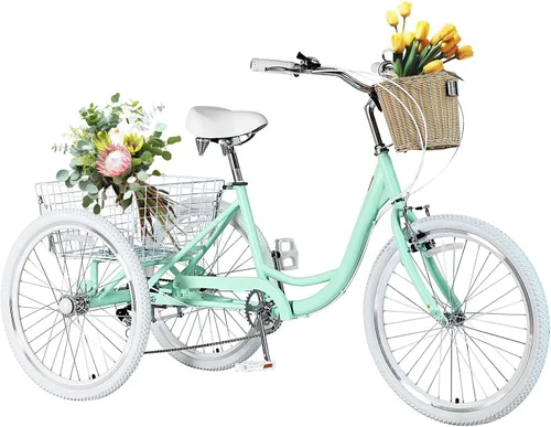 Vista 7 de Triciclos para adultos para adultos, triciclos para adultos de 7 velocidades, bicicleta de 3 ruedas de 20/24/26 pulgadas con canasta, bicicletas