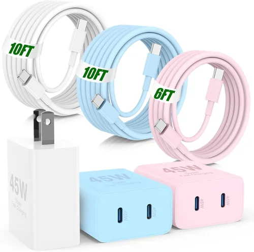 Vista 20 de USB C de carga súper rápida de 65 W para iPhone 17 16 Pro Max, bloque de carga USB C de 3 puertos de 100 W y cable trenzado tipo C de 3/6/6/10 pies