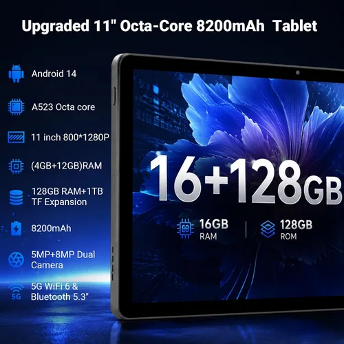 Vista 7 de Tableta de 11 pulgadas, Octa-Core, 16GB RAM 128GB ROM 1TB Expand, Batería 8200mAh, WiFi 6 Bluetooth 5.3, Pantalla HD IPS, Cámara dual, Desbloqueo