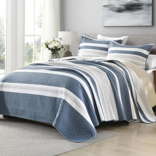 Vista 9 de SahSahCasa Juego de edredón tamaño Queen, juego de edredón 100% algodón, edredón a rayas azul marino, juego de ropa de cama acolchado tamaño Queen