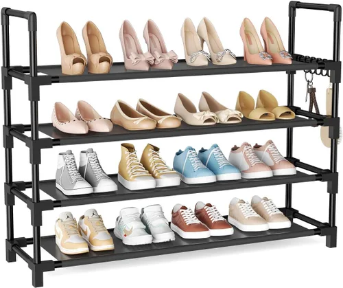 Vista 10 de Estante para zapatos de 3 niveles, organizador de almacenamiento para 16-20 pares de botas y zapatillas, estante vertical apilable con ganchos