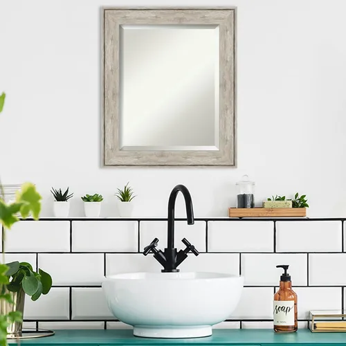 Vista 5 de Amanti Art - Espejo plateado para baño sobre lavabo, espejo de tocador rectangular metálico agrietado de 25x21, marco rústico pequeño