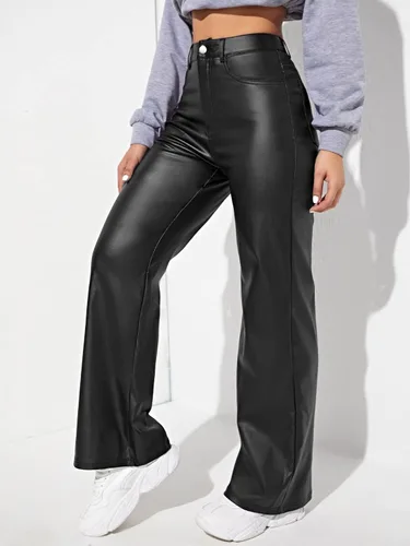 Vista 4 de MakeMeChic Pantalones de mezclilla de piel con bolsillos de cintura alta para mujer
