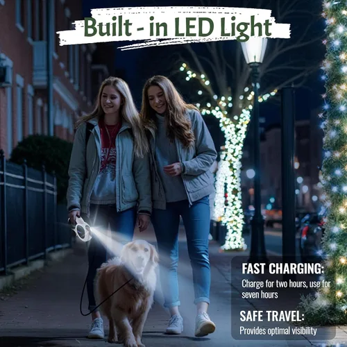 Vista 6 de Correa retráctil para perro de 16 pies 4 en 1 con luz LED, dispensador, bolsas para excrementos, freno de bloqueo rápido y mango antideslizante