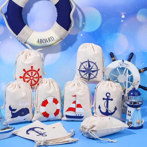 Vista 2 de Shellwei Paquete de 24 bolsas de regalo náuticas de algodón con cordón de anclaje náutico, bolsas temáticas de regalo de 7 x 5 pulgadas para niños