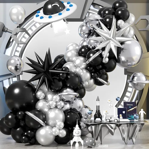 Vista 9 de Kit de guirnalda de arco de globos de Halloween, globos negros, retro naranja, blanco y negro de mármol con globos de estrella de araña de papel