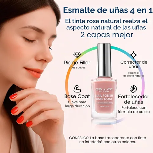 Vista 3 de GELLEN Capa base de esmalte de uñas transparente, secado rápido al aire, capa superior que no se limpia y capa base transparente teñida rosa natural