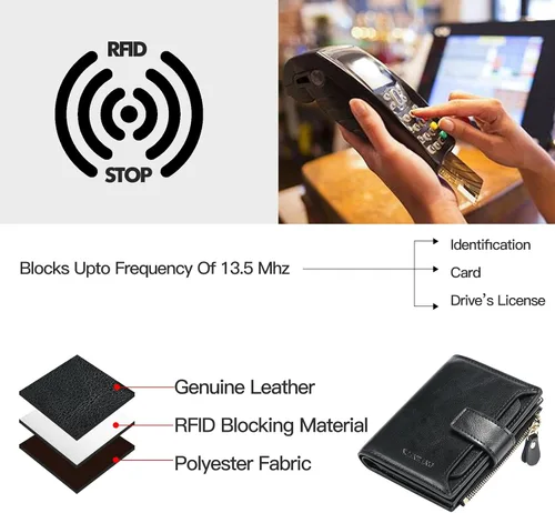 Vista 4 de MANBANG Billeteras de cuero para mujer, con bloqueo RFID, pequeña, plegable, con cremallera, bolsillo para tarjetas, con ventana de identificación