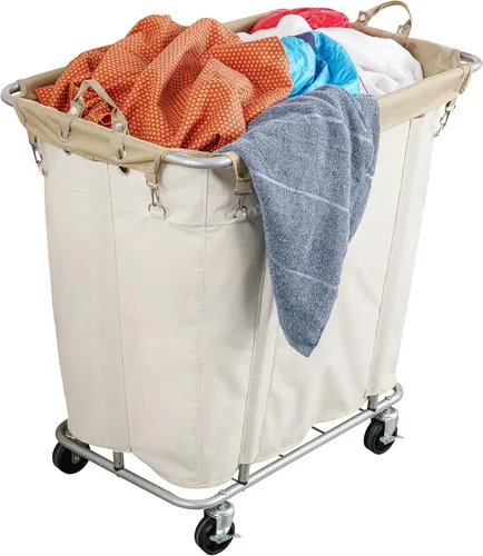 Vista 8 de PLKOW - Cesta de lavandería con ruedas de 120L, carrito de lavandería resistente con bolsa impermeable extraíble, cesta de ropa con estructura
