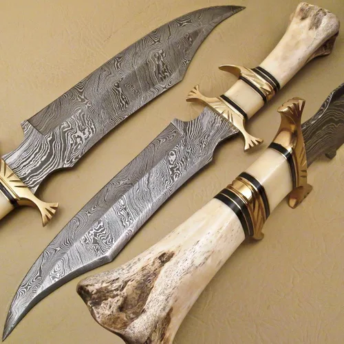Vista 8 de Noon Knives: Cuchillo Bowie coleccionable de acero de Damasco hecho a mano, mango de hueso de camello (negro)