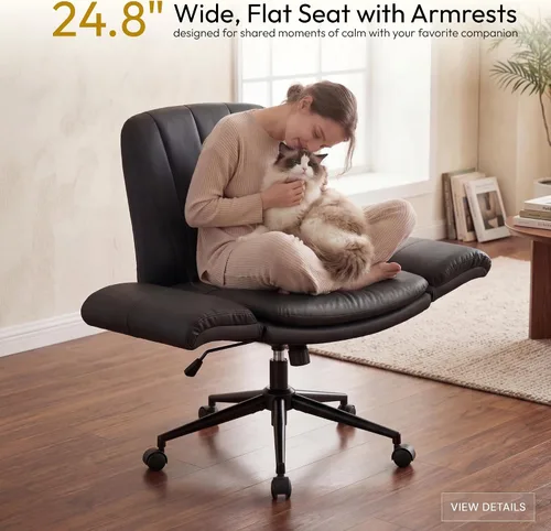 Vista 6 de Dowinx Silla Criss Cross con brazos y ruedas ajustables de cinco niveles - Cómoda silla giratoria ergonómica de cuero PU para tocador - Silla