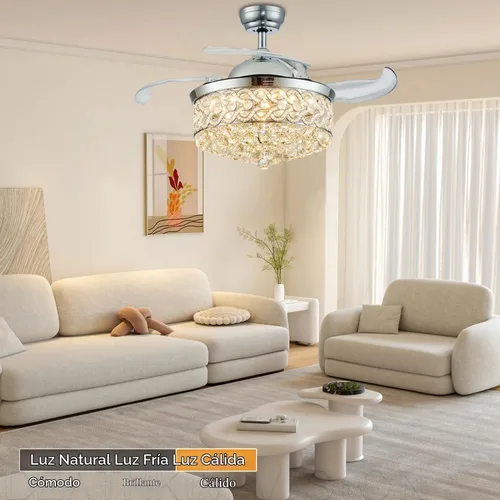 Vista 2 de DuMaiWay Ventilador de techo de araña de 48 pulgadas, moderna lámpara de cristal retráctil con hoja invisible LED con control remoto
