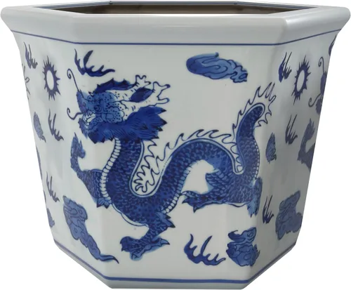 Vista 8 de Red Lantern Maceta hexagonal de 8" - Floral azul y blanco